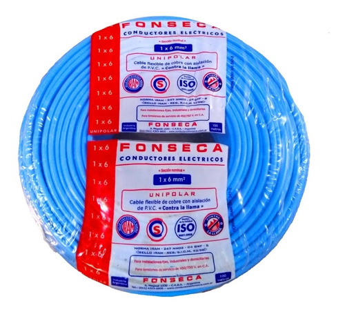 Cable Unipolar 6mm Celeste X 100 M Normalizado Fonseca E631