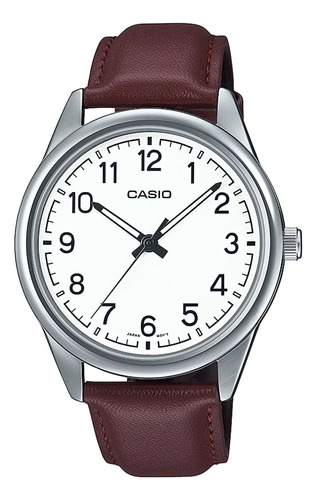 Reloj Casio Mtp-v005l Café Números Piel Y Acero Inoxidable 