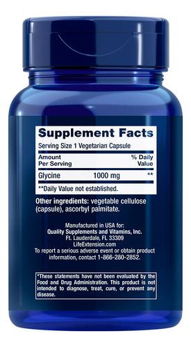 Glicina 1000mg Life Extension 100 Capsulas+ Porta Cápsulas Sabor Sem sabor