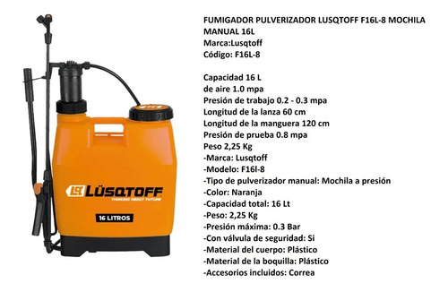Imagen 2 de 3 de Fumigador Pulverizador Lusqtoff F16l-8 Mochila Manual 16l
