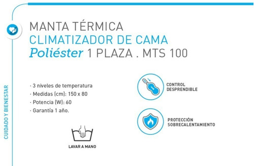 Imagen 3 de 8 de Frazada Electrica Calienta Cama Termica De 1 Plaza Polyester - Bajo Consumo - Regulador Temperatura - Segura - Garantia