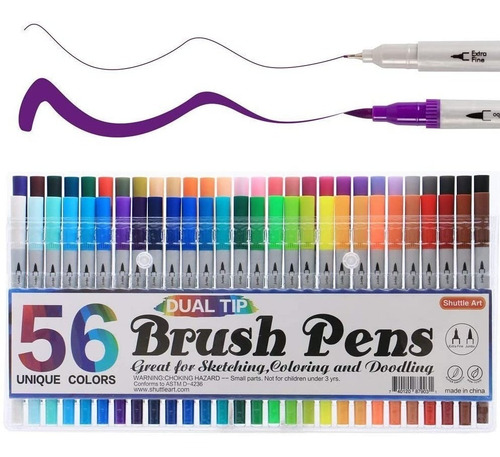Imagen 1 de 3 de Set 56 Plumones Punta Dual Fina 0.4mm Y Gruesa Shuttle Art