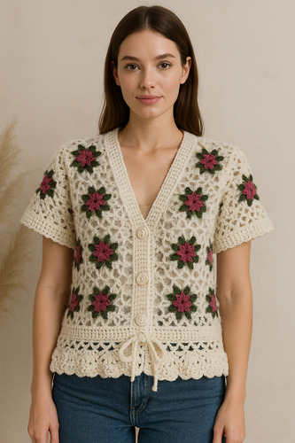 Sweater Lana Mohair Crochet Calado Flores Rosas 3d Y Brillos