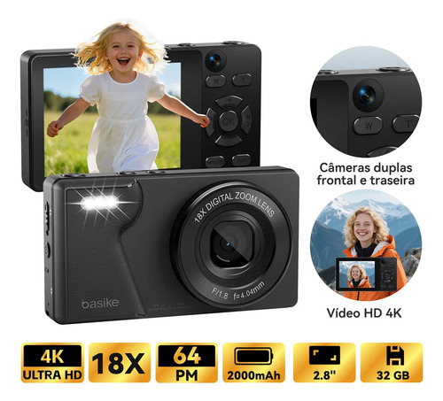 Basike Câmera Fotográfica Digital Portátil 4k Uhd 64mp, Zoom 18x, 64mp Câmeras Duplas Frontal E Traseira Com Flash, Foco Automático E Função Webcam, Cartão Sd 32gb, Para Infantil,iniciantes,vlog Preto