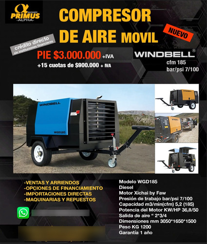 Compresor De Aire Movil 185 Cfm Nuevo!