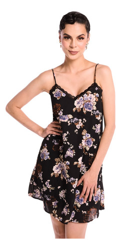 Vestido Corto Negro Estampado Floral Manga Corta Escote V