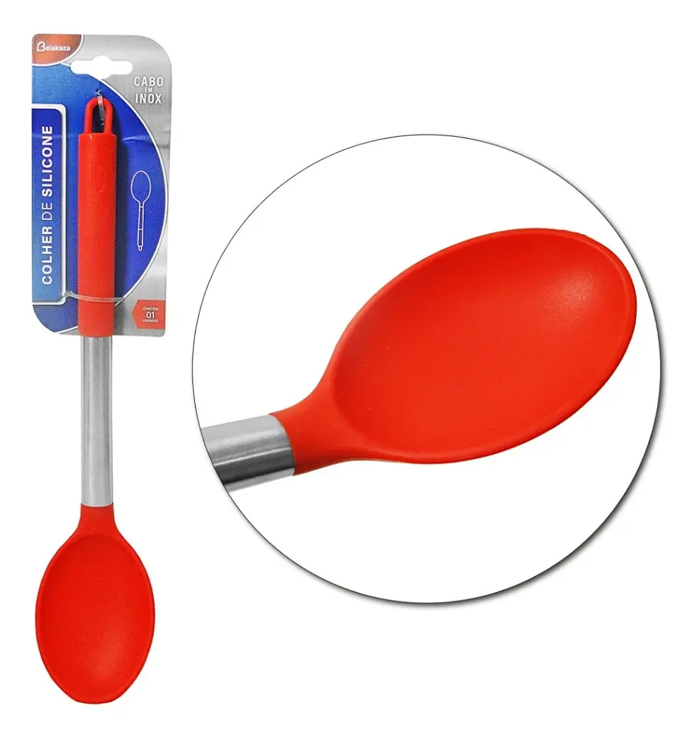 Colher De Silicone Vermelha Com Cabo Inox Belakasa Cabo Prateado