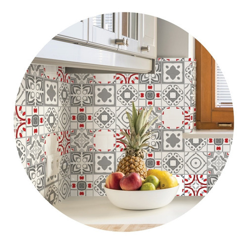 Adesivo De Azulejo Hidráulico Português 10x10cm 100un - 1 M2 Cor Cinza Vigo Vermelho