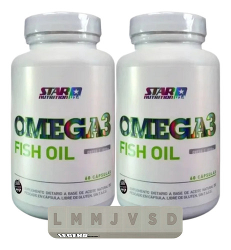 Omega 3 Fish Oil Star Nutrition X2 60 Cápsulas Sin Sabor + Pastillero Legend Ácidos Grasos Epa Y Dha Para Corazón, Cerebro Y Articulaciones