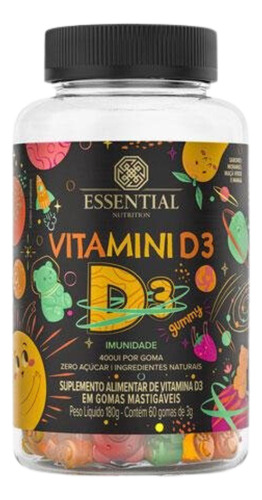 Vitamini D3 Essential Nutrition 60 Gomas 3g 180g Sabor Morango Manga Maçã verde