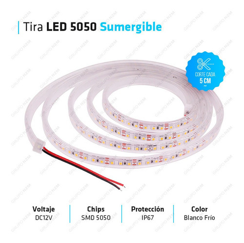 Tira Led 5050 Sumergible Fria 60 X Mtr Pileta Reforzada Ip67 Color De La Luz Blanco Frío