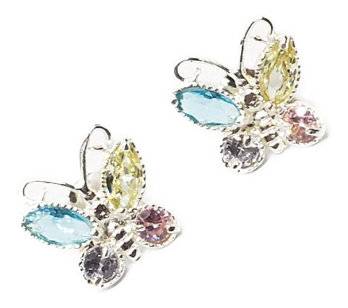 Aretes De Mariposa 4 Zirconias De Plata 925 Y Estuche G2