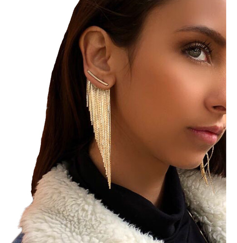 Brinco Ear Jacket Franja Semi Joia De Luxo Folheada Ouro 18k