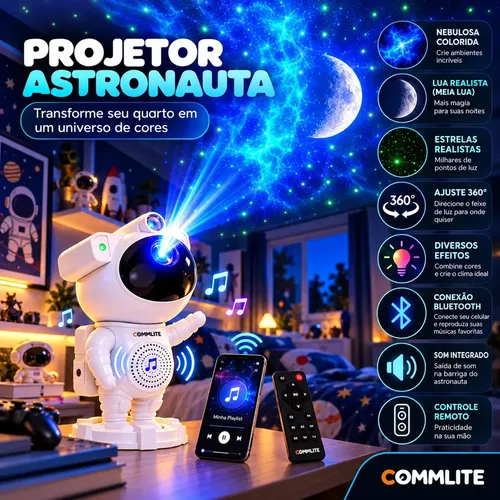 Commlite Projetor Astronauta Galáxia Nebulosa Luminária LED Bluetooth