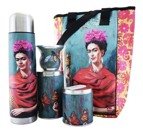 Imagen 1 de 4 de Set Matero Equipo De Ecocuero - Kit De Mate Frida Mariposas