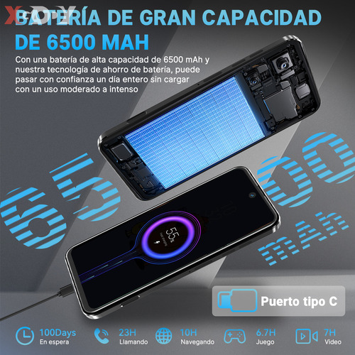 Teléfono móvil Xgody v27 dual sim6500mAh 128gb ROM 12GB RAM 6.56 pulgadas celular hd android 14 red 4G completa teléfono inteligente con huella dactilar doble cámara 13MP+21MP gps bluetooth negro