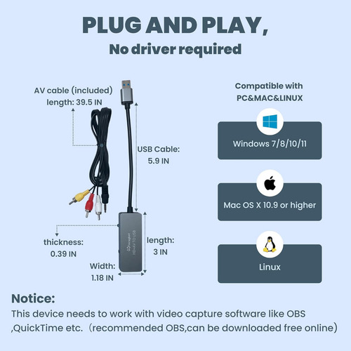 Para Convertidor Vhs A Digital Rca-usb Hdmi Tarjeta Captura