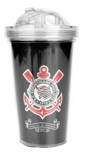 Copo Acrílico Com Canudo 600 Ml - Corinthians Cor Preto