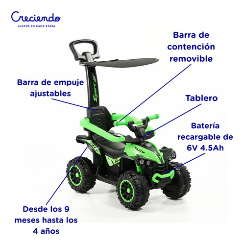 Cuatriciclo A Batería 6v Bluetooth Barra De Empuje Y Música