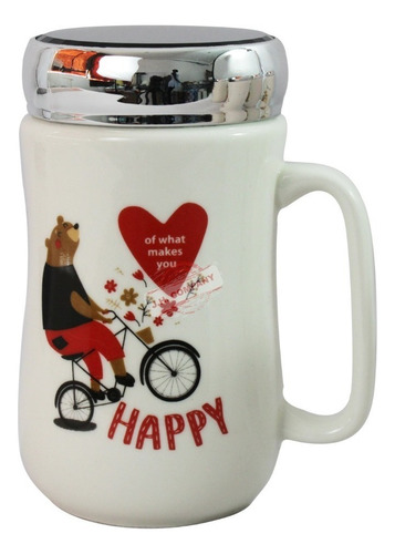 Taza Ceramica Con Tapa Hermetica Espejo Amor 400 Ml 10592 Color Oso Bici