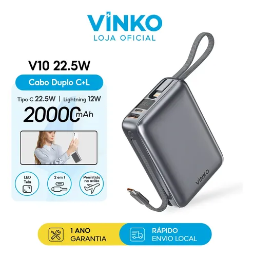 Vinko Power Bank 20000mah Turbo 22,5w Com 2 Cabos E Tela V10
