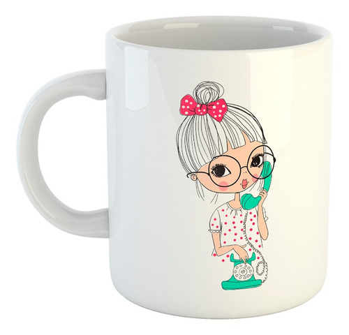 Taza De Ceramica Dibujo Telefono Muñeca Lazo Rojo