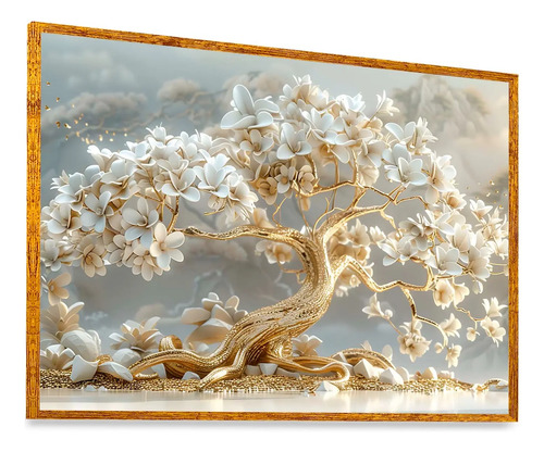 Quadro Decorativo Árvore Com Vidro Flores Dourado 123x83