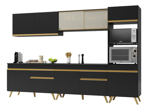 Armário De Cozinha Completa 302cm Veneza Multimóveis V3689 Cor Preto/Dourado