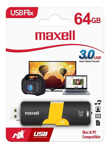 Memoria Usb Maxell Flix 64gb, Negro Con Amarillo 3.0, 347493