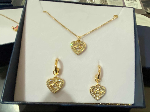 Set Collar Con Aretes De Corazón 4 Baños De Oro De 18 K Nice