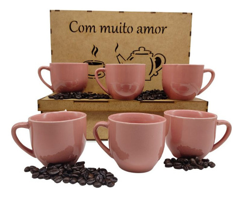 Jogo 6 Xicaras De Porcelana Café 170ml Caixa Em Mdf Decorada Cor Rosa