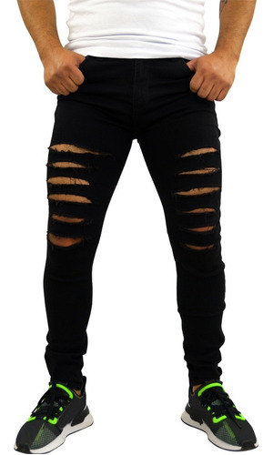 Jeans Skinny Stretch Con Destrucción Color Negro