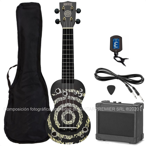 Combo Ukelele Electroacustico Diseño Mandala Dibujos Colores Bamboo Cuerdas Aquila Amplificador Funda Pua Afinador Cable