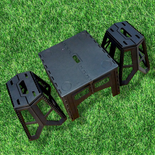 Mesa Plegable Plástico Camping Picnic + 2 Banquitos Altos