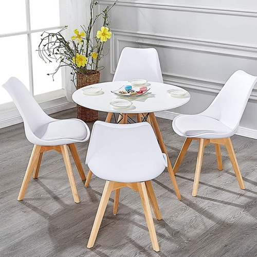 Comedor Redondo Eames Blanco Con 4 Sillas Tulip Blancas 