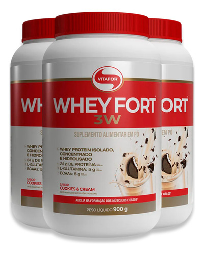 Kit 3 Whey Fort 3w Vitafor Cookies & Cream 900g