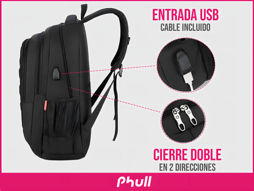 Mochila Phull Porta Notebook 17'' Impermeable Con Puerto Usb Urbana Amplia Capacidad Reforzada - Color Negro