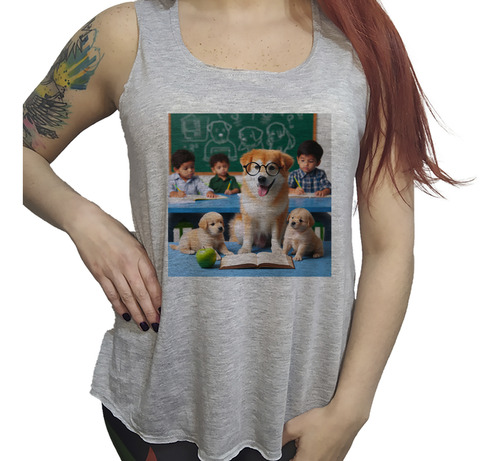 Musculosa Dama Perro Con Anteojos Y Perritos Leyendo