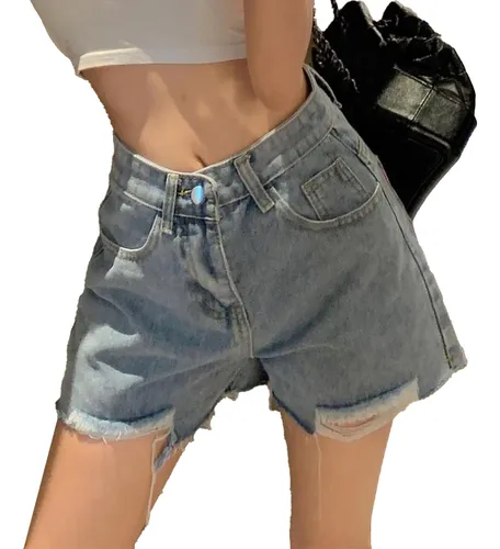 Shorts Jeans De Cintura Alta Pernas Largas Bainha Irregula