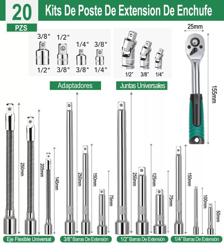 Ycrigns® Juego De Llaves De Tubo Con Llave Carraca Y Extensión 20pzs