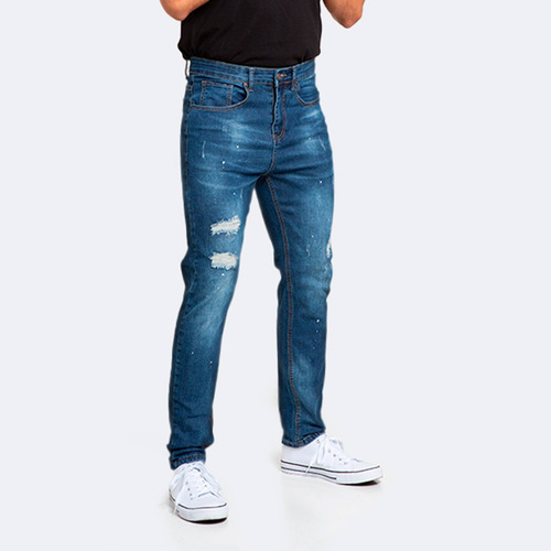 Jeans Hombre Skinny Azul Focalizado Con Destroyer Pintado