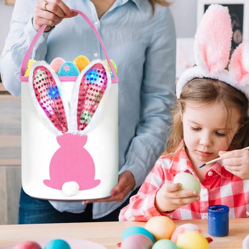 Cesta De Conejo De Pascua Grande Con Luces Rosa