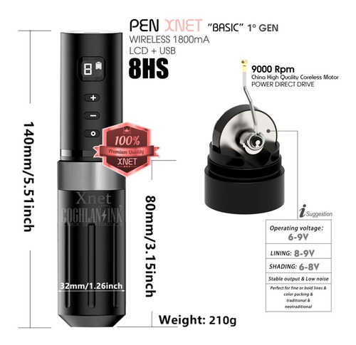 Tattoo Pen Wireless Xnet Basic 1800ma Inalámb 9000rpm Silver