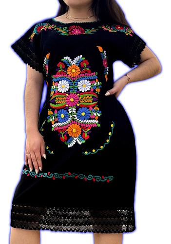 Vestido Artesanal Fresco Bordado Artesanía Mexicana En Manta