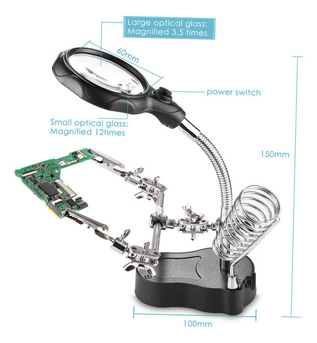 Lupa Ajustable 5x 12x Con Luz Led For Mesa, Joyero, Soldar