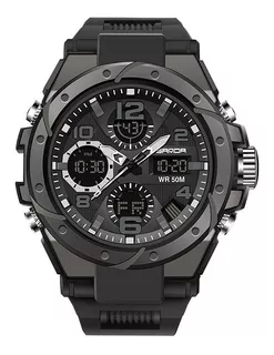 Reloj pulsera Sanda 6008 de cuerpo color negro, analógico-digital, para hombre, fondo negro, con correa de resina color negro, agujas color plata, negro y gris, dial negro, subesferas color plata y ne