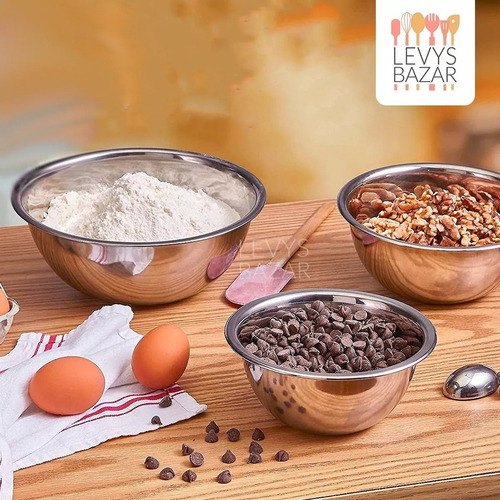 Set X3 Bowls Cocina Acero Inoxidable Batidor Para Batir Reforzado Reposteria Ensaladeras Acero Inoxidable Bowl Crema Levys Bazar