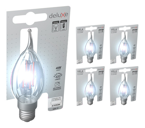 Kit 5 Lampada Led Vela Filamento Chama Clear 4w 6500k E14 Luz Branco Frio 6500k