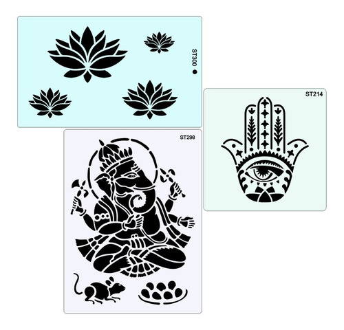 Imagen 1 de 2 de Pack X 3 Stencil Ganesha Flor De Loto Mano De Fatima