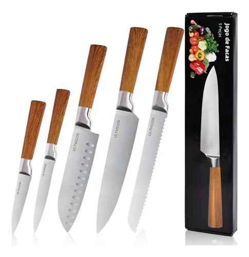 Jogo De Facas 5 Peças Profissional Cozinha Premium ​Inox Marrom